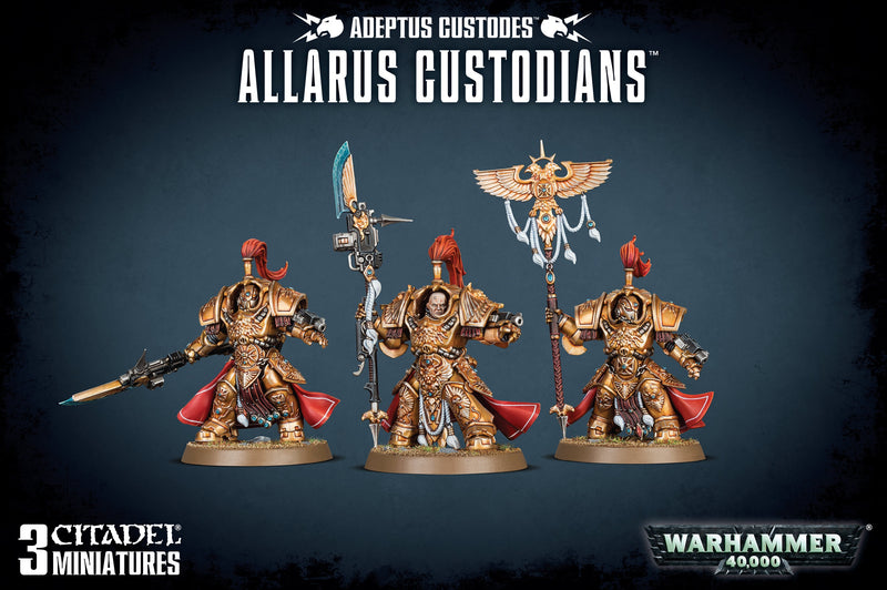 Allarus Custodians/ Shield-Captain in Allarus terminator armor/ Vexilus Praetor in Allarus terminator armor